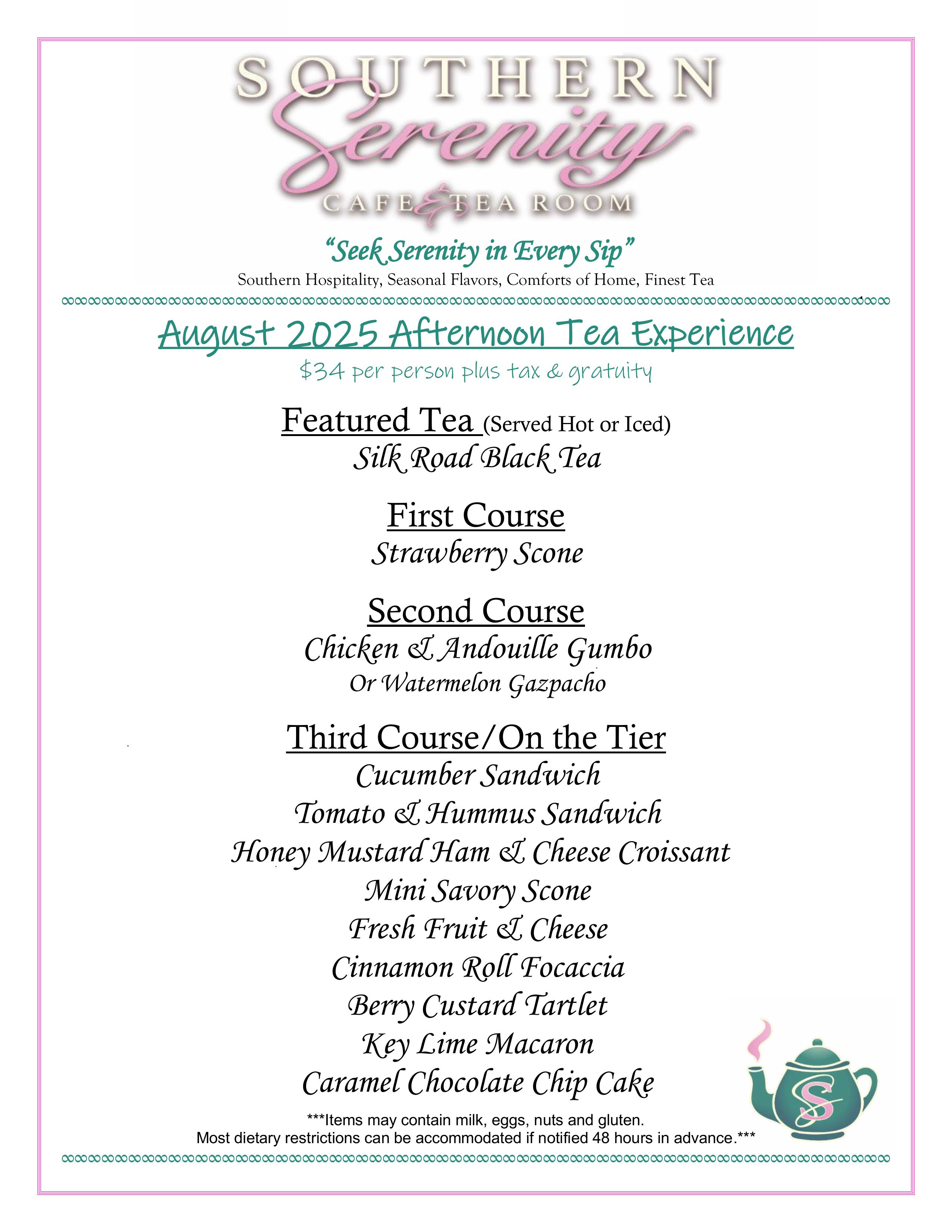 Southern Serenity August Afternoon Tea Menu 2025