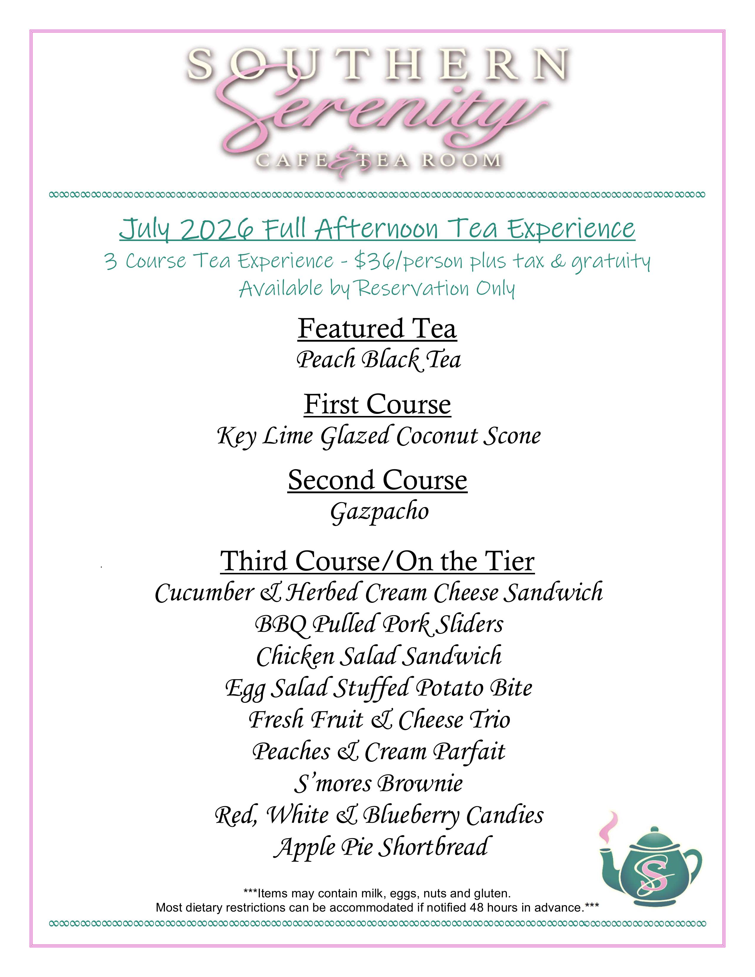 Southern Serenity July Afternoon Tea Menu 2026