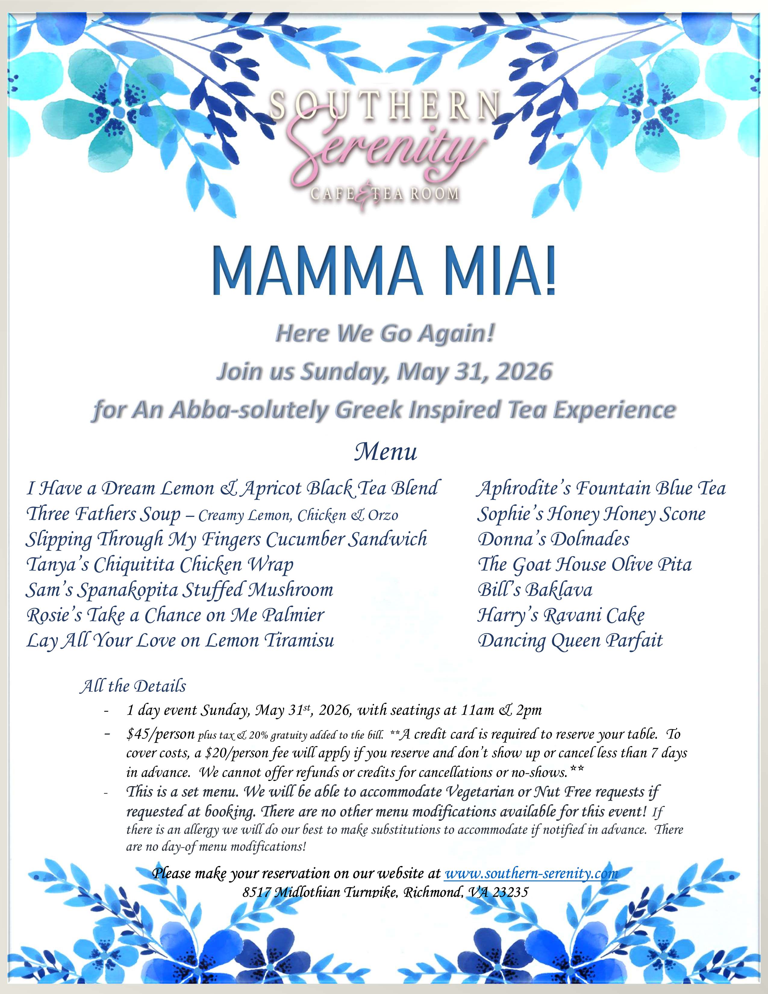 Southern Serenity Mamma Mia! Themed Afternoon Tea Event Menu 2026