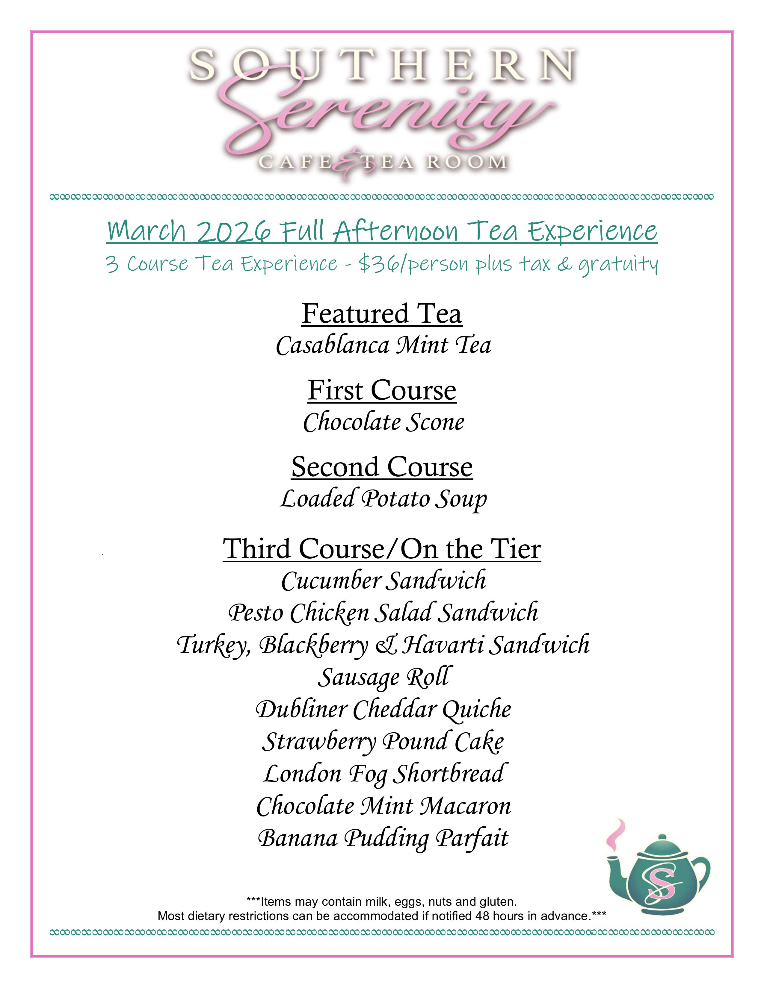 Southern Serenity March Afternoon Tea Menu 2026