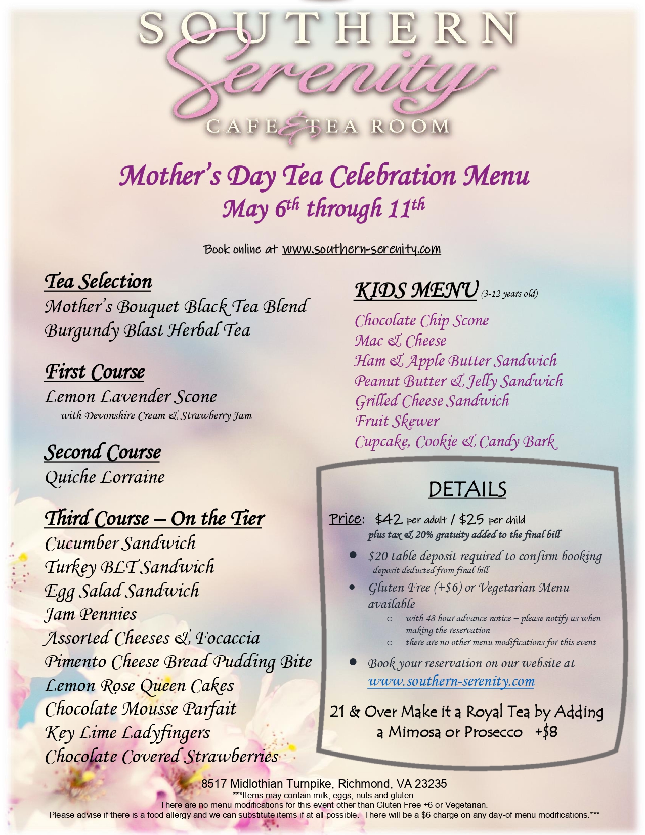Southern Serenity Mother's Day Tea Celebration Event Menu 2025
