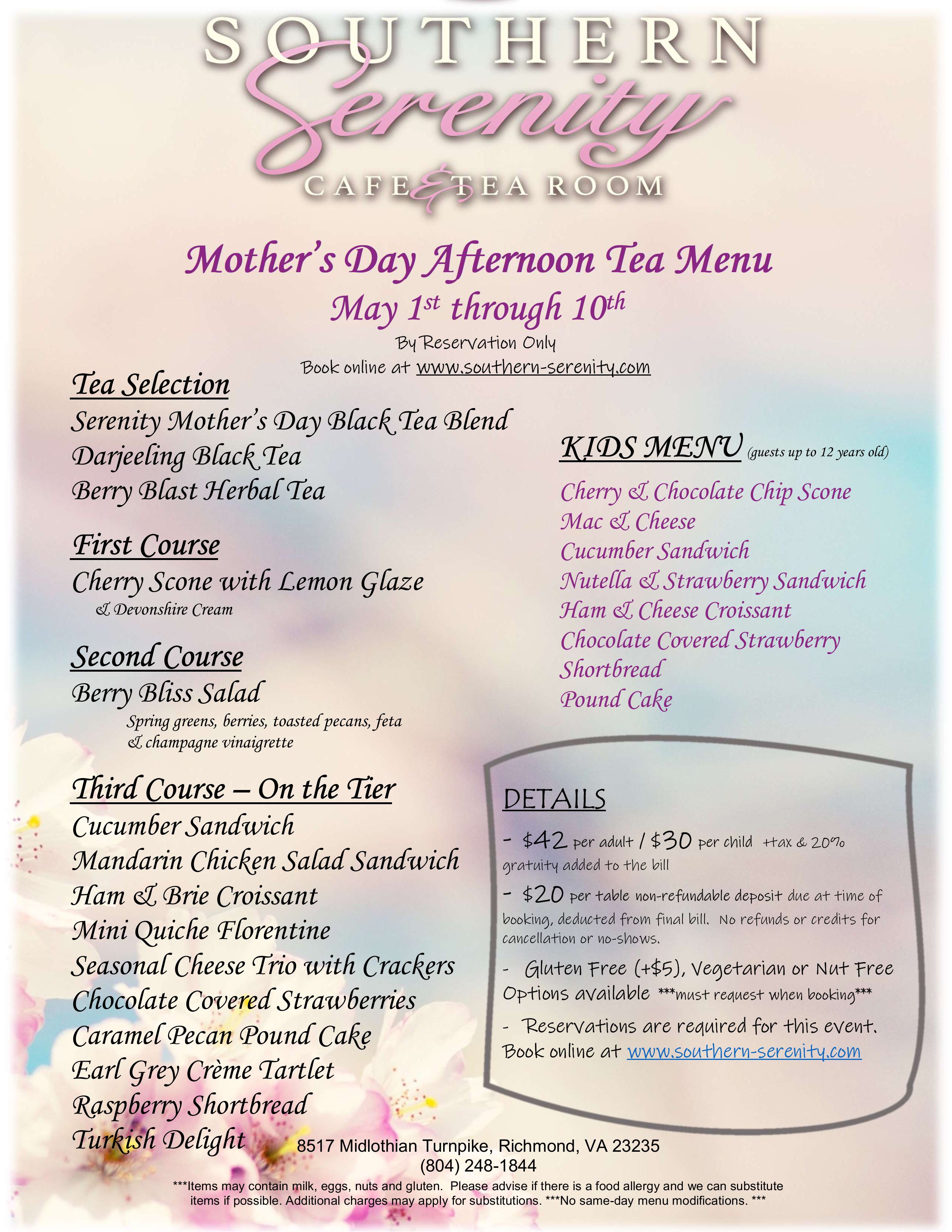 Southern Serenity Mother's Day Tea Celebration Event Menu 2026