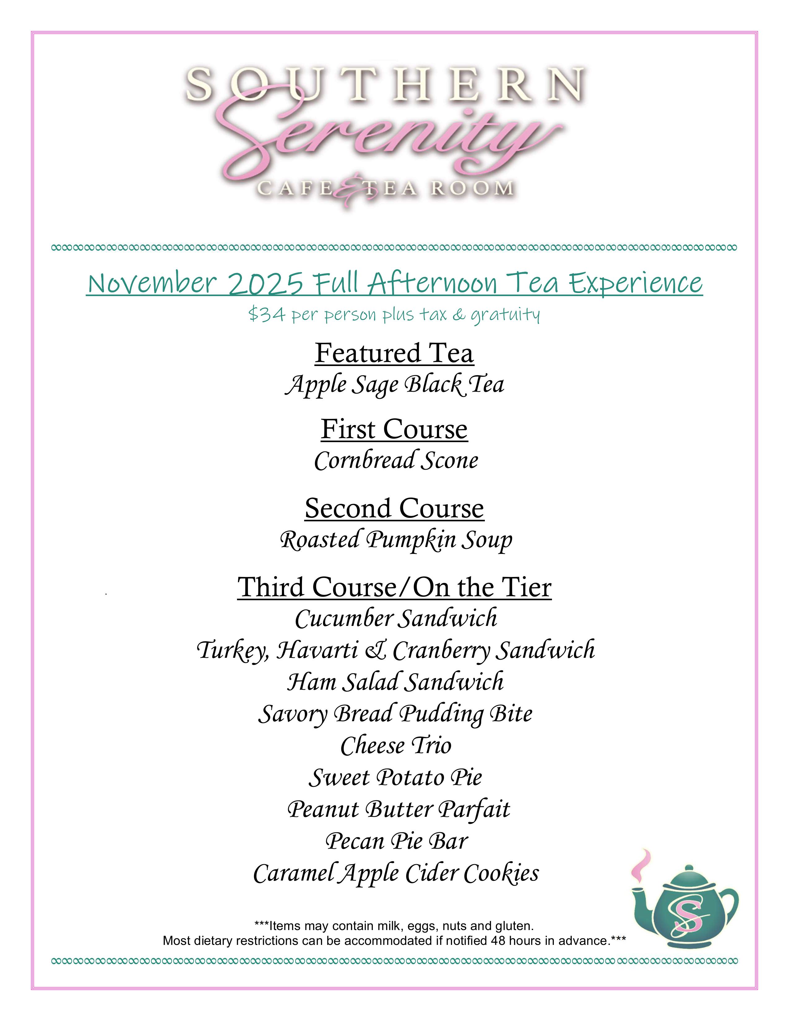 Southern Serenity November Afternoon Tea Menu 2025