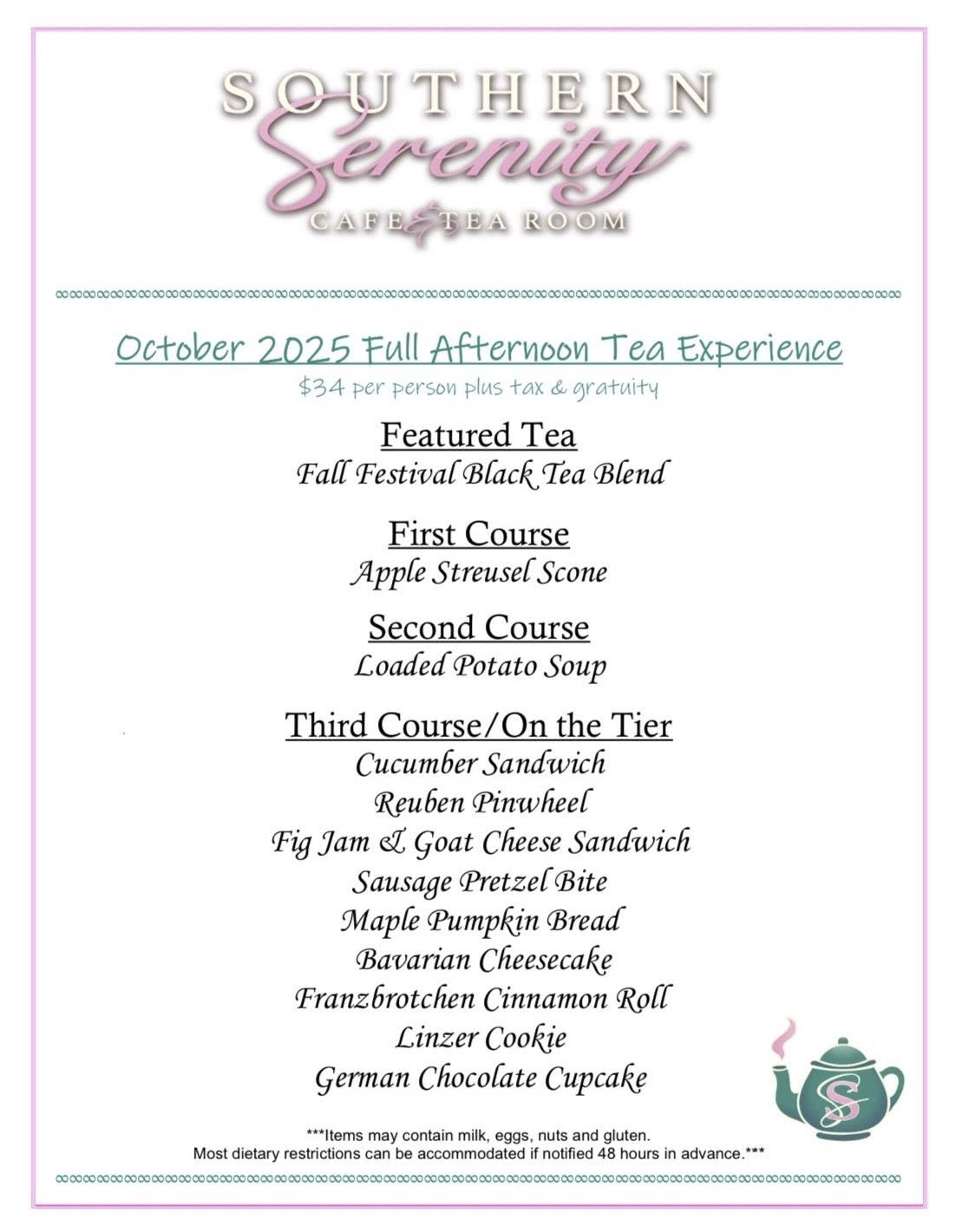 Southern Serenity October Afternoon Tea Menu 2025