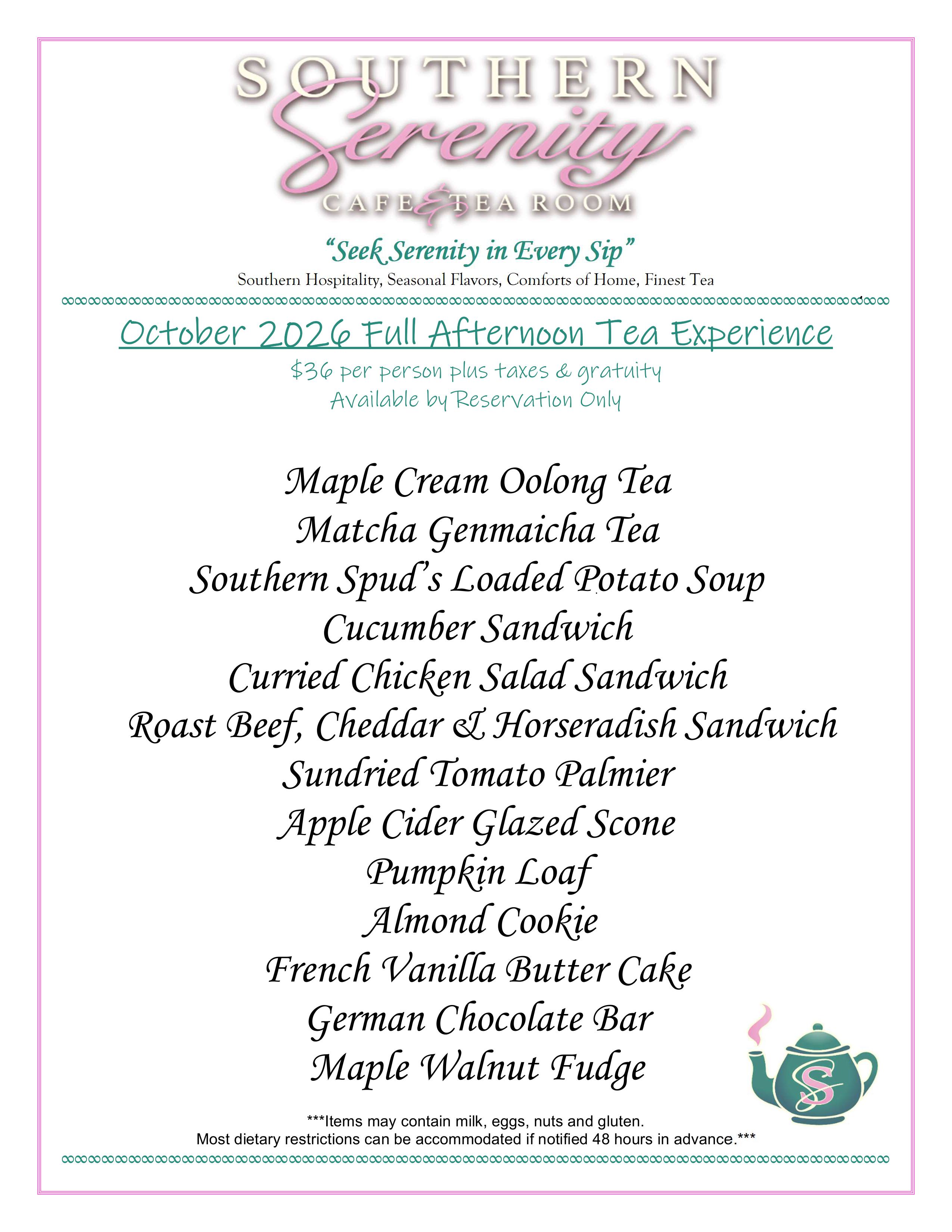 Southern Serenity October Afternoon Tea Menu 2026
