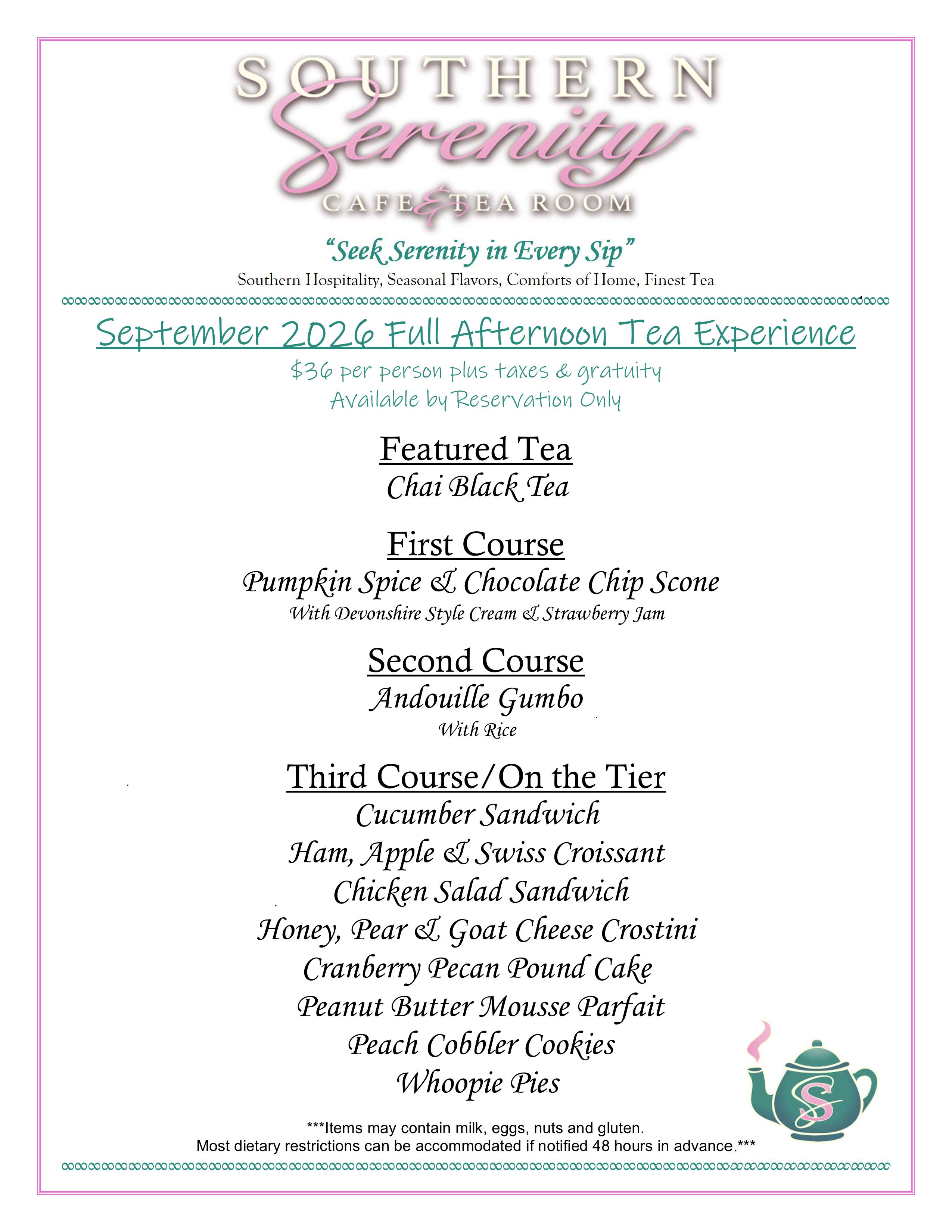 Southern Serenity September Afternoon Tea Menu 2026