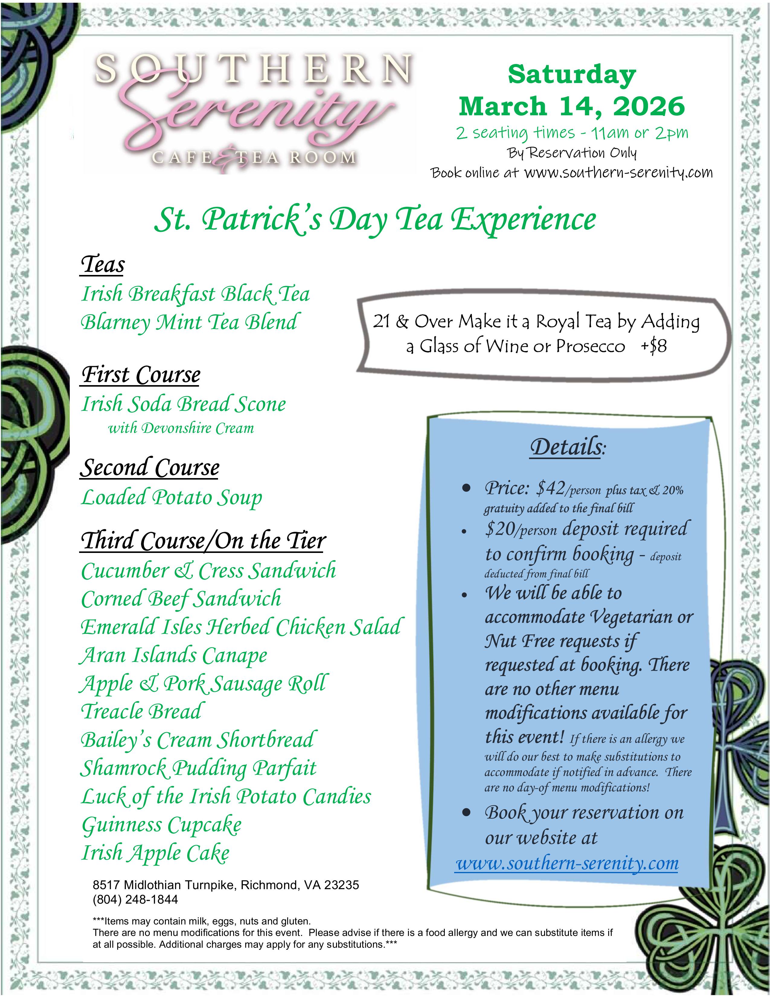 Southern Serenity St. Patrick's Day Event Menu 2026