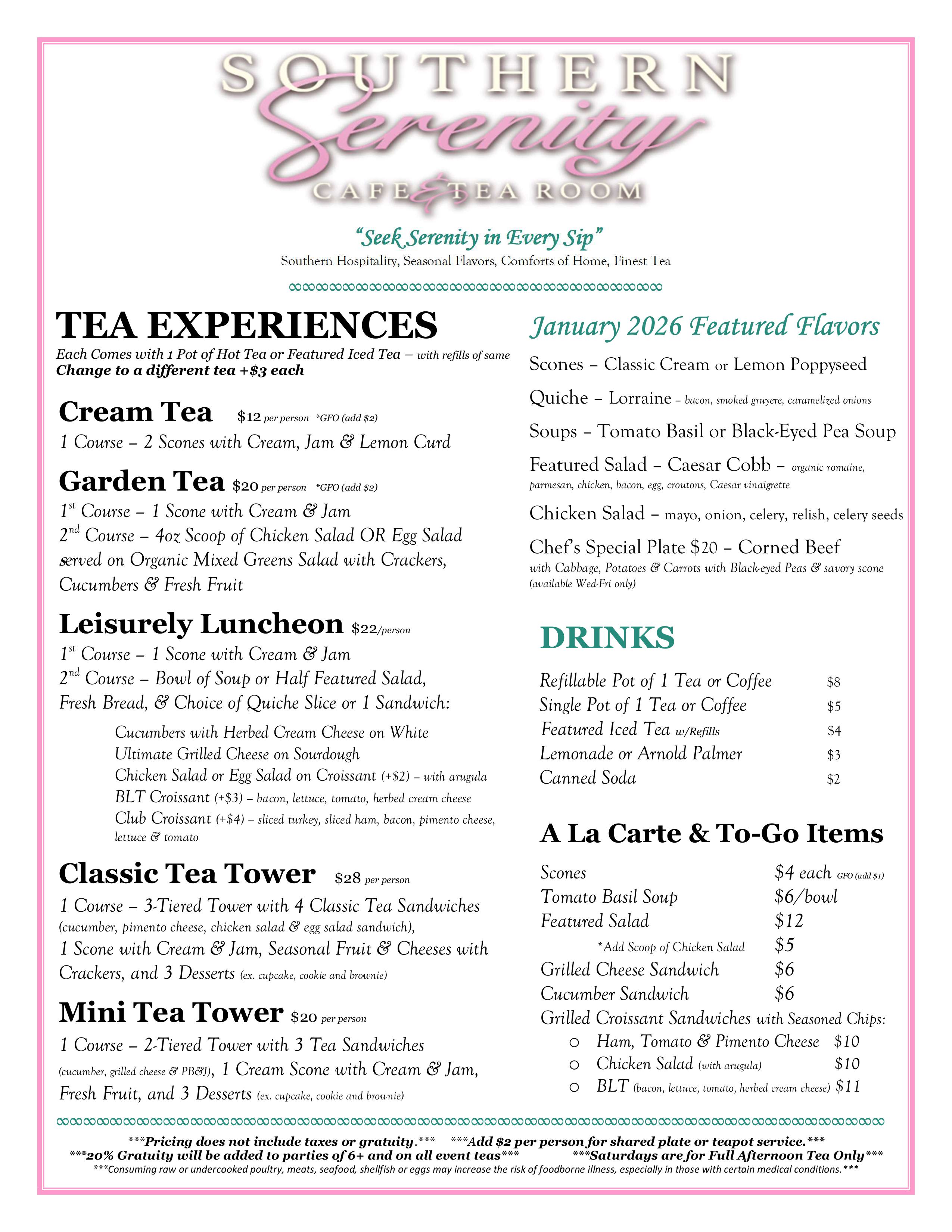 Southern Serenity 2026 Menu